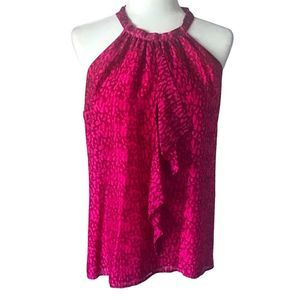 ANN TAYLOR Halter Top Silk Fuchsia Brown Sleeveless Flutter Front Lined Size 12